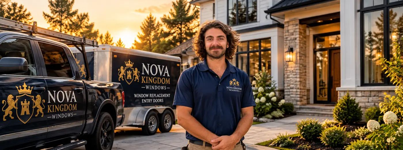 Nova Kingdom Windows installer standing in front of a finished home beside the branded company truck and trailer at sunset